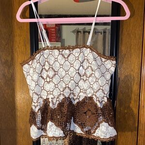 LoveShackFancy Brown and White Crochet Camisole
